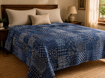 Indigo Printed Patchwork Bedcover