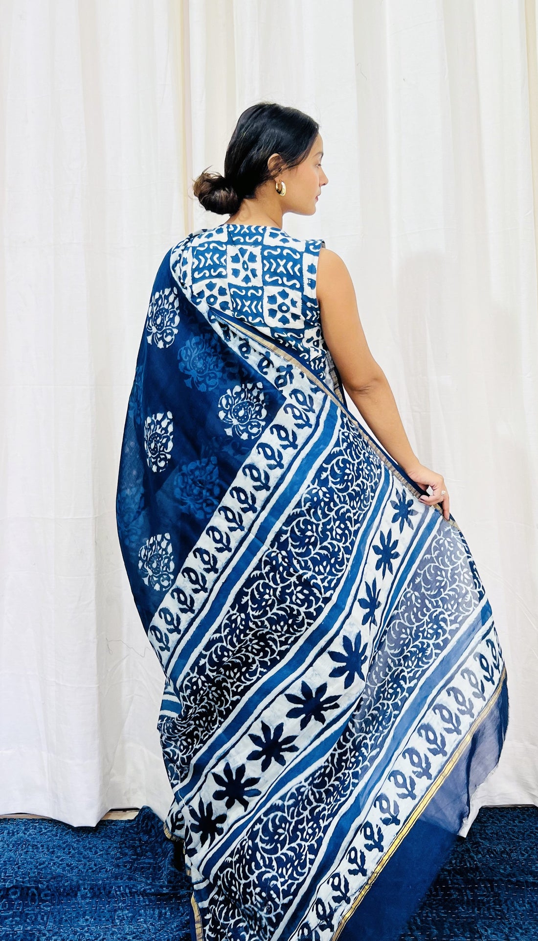Indigo Block Printed Pure Chanderi Cotton Saree