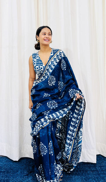 Indigo Block Printed Pure Chanderi Cotton Saree