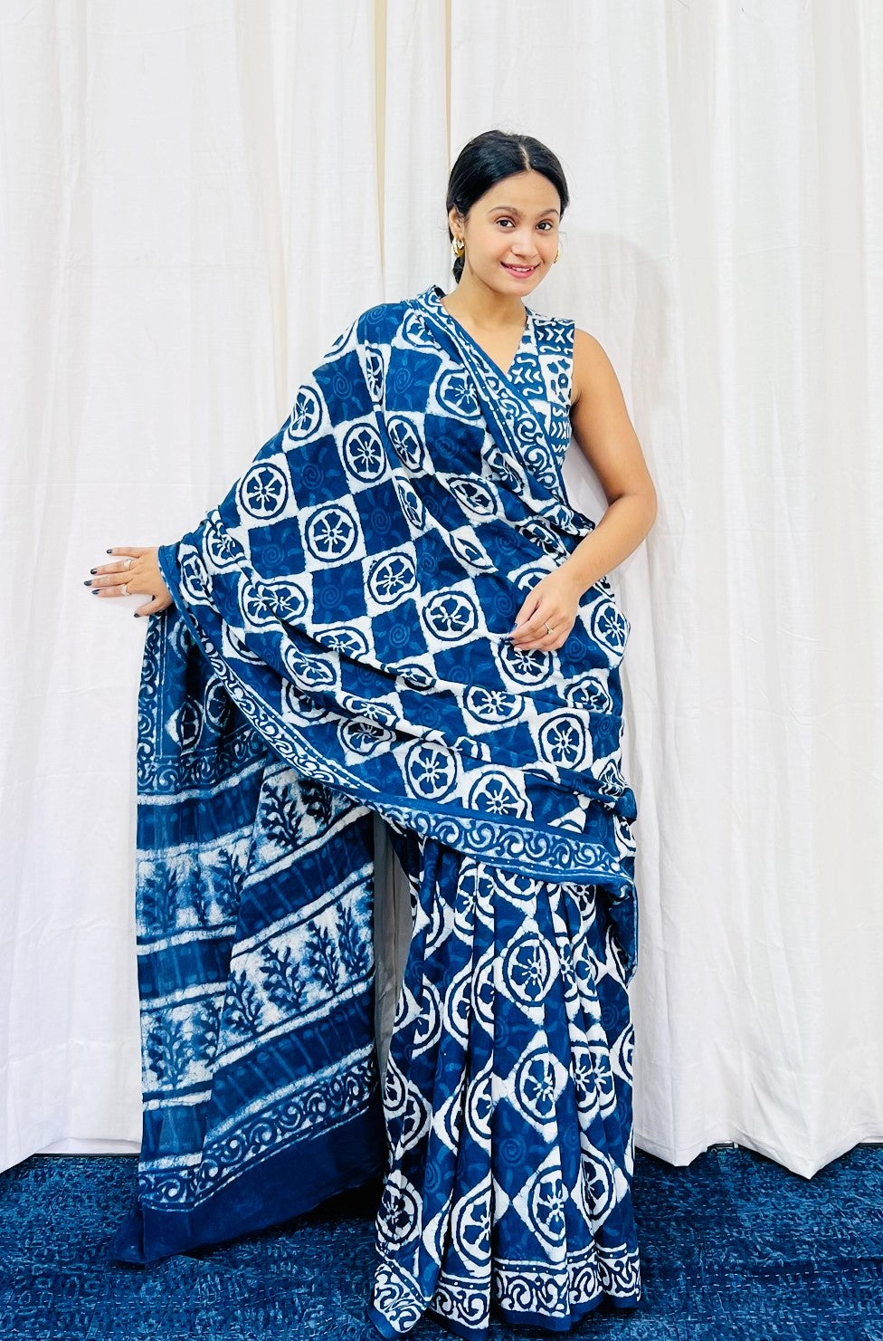 Indigo Block Printed Voile Saree