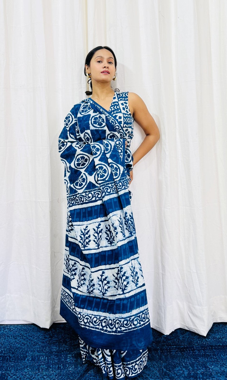 Indigo Block Printed Voile Saree