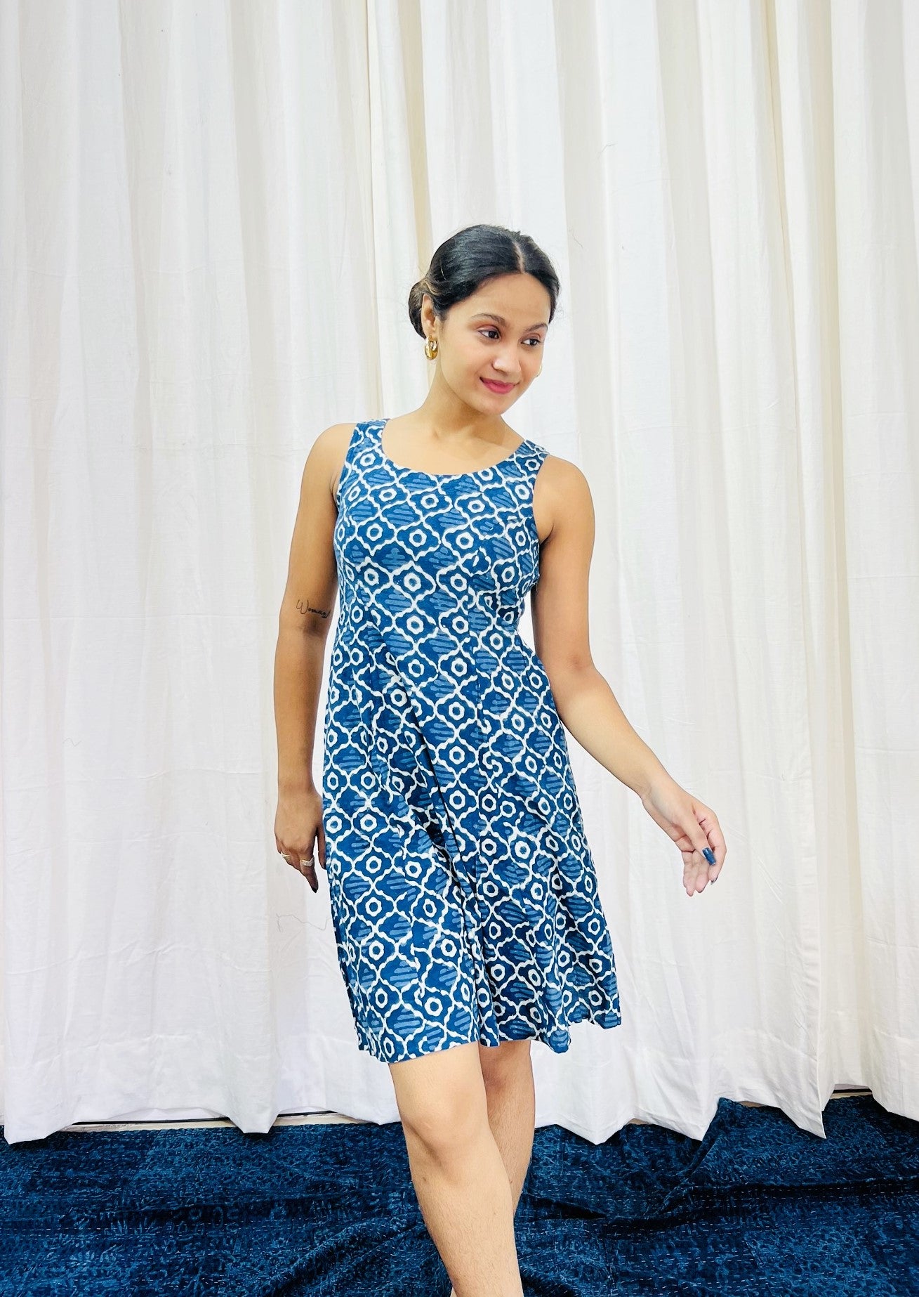Indigo Handblock Printed Short Panel Dress