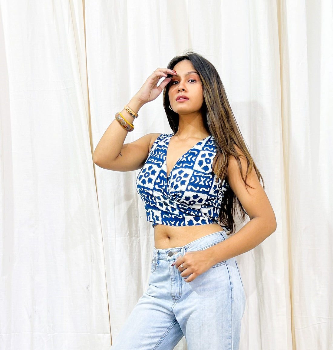 Indigo Block Printed Sleeveless Wrap Around Top