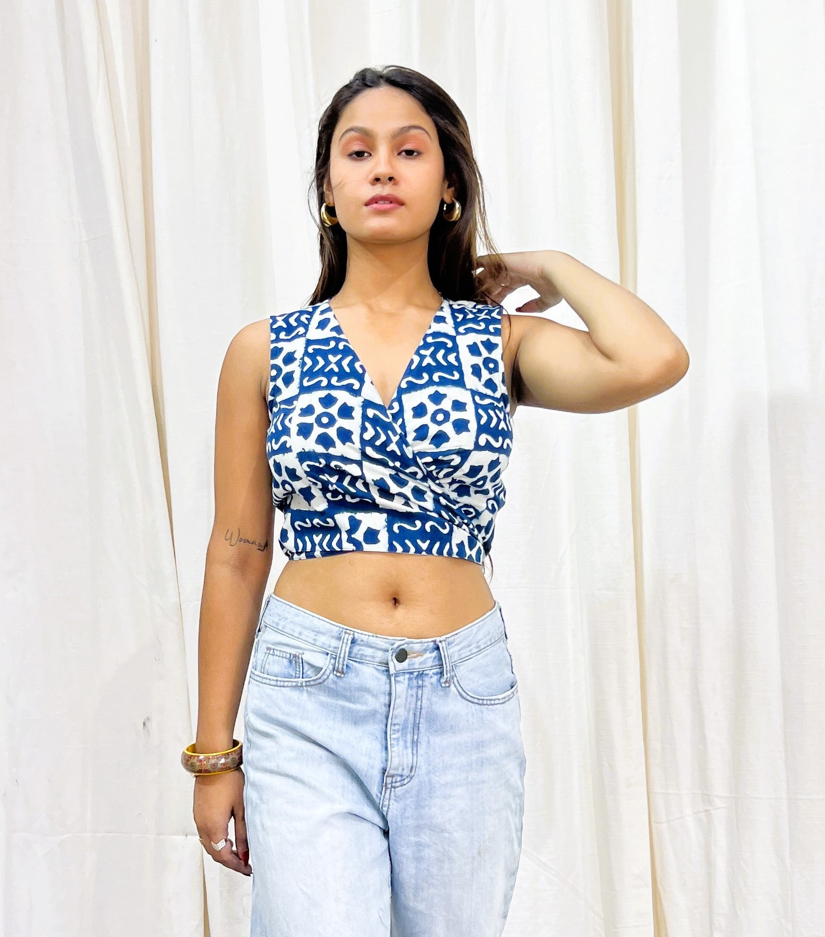 Indigo Block Printed Sleeveless Wrap Around Top