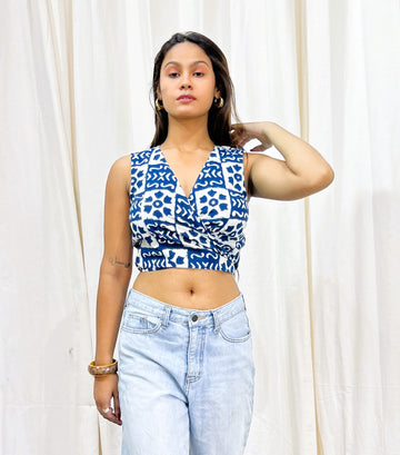 Indigo Block Printed Sleeveless Wrap Around Top
