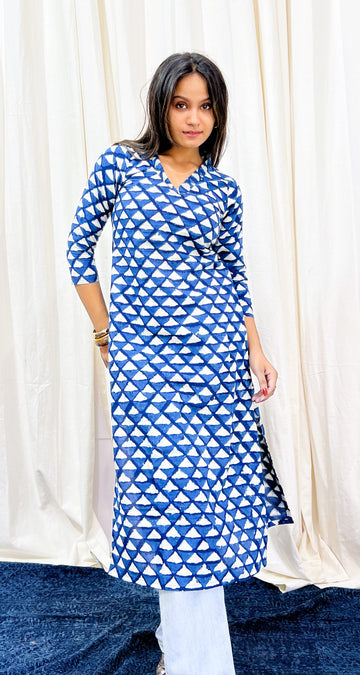 Indigo Block Printed V-Neck Kurti
