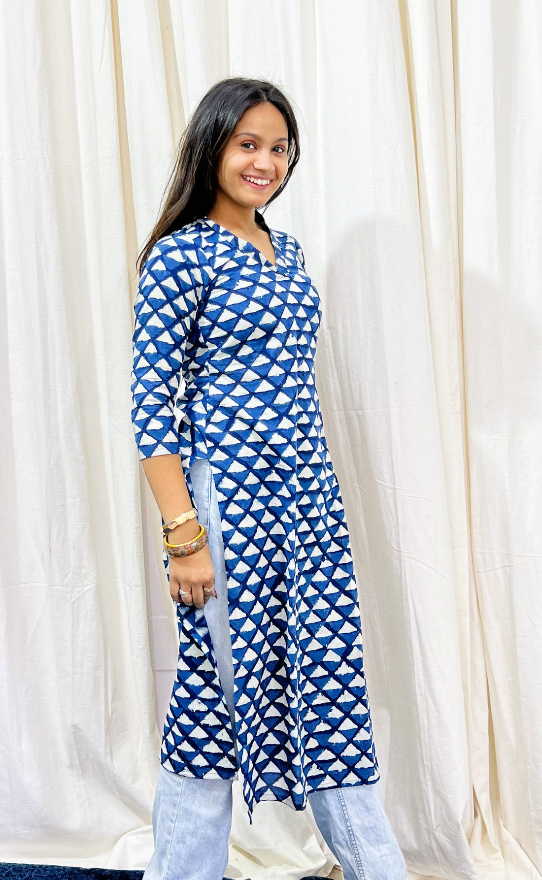 Indigo Block Printed V-Neck Kurti